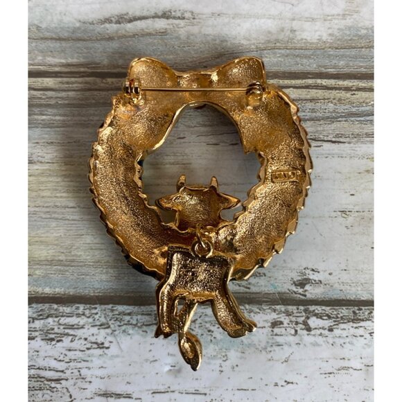 Vintage LIA by Lianna Christmas Wreath Cat Brooch Enamel Gold Holiday Pin - Picture 2 of 8